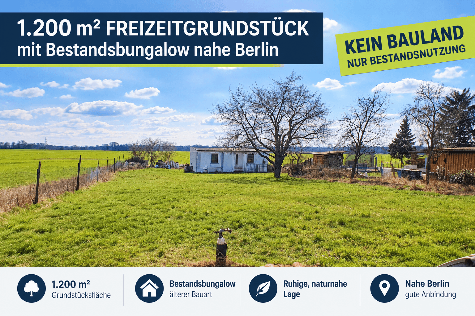 1.200 m² Freizeitgrundstück mit Bestandsbungalow nahe Berlin – KEIN BAULAND